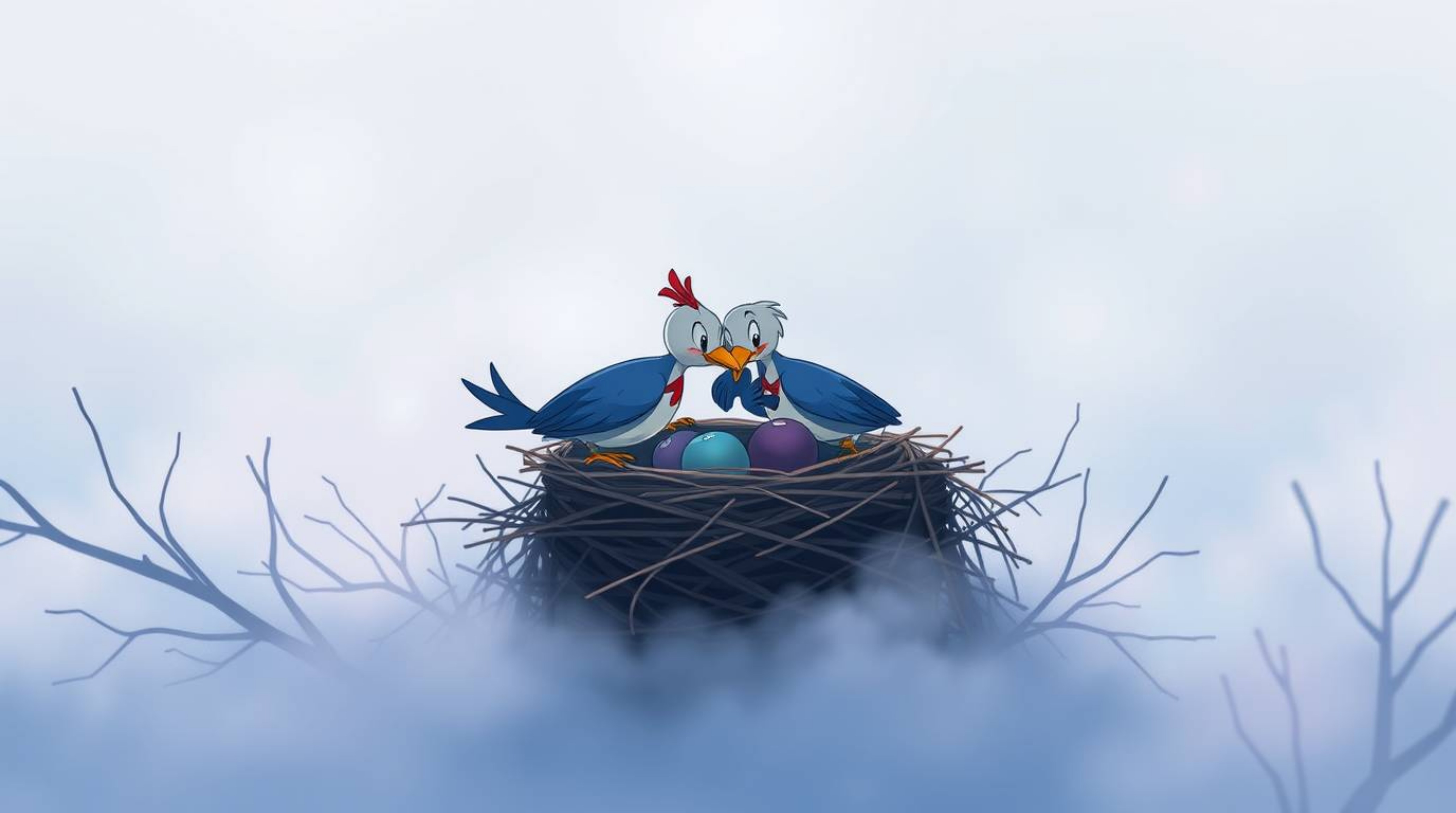 Two cartoon birds diligently building their nest in a classic animation style, rendered with a unique twist. The scene is shr