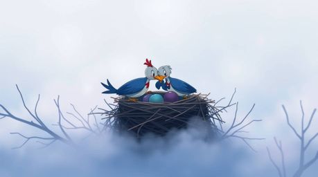 Two cartoon birds diligently building their nest in a classic animation style, rendered with a unique twist. The scene is shr