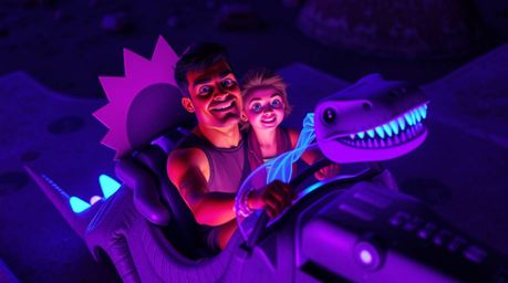 A vibrant, high-angle shot depicts a prehistoric family with expressive features riding a dinosaur-shaped car, bathed in glow