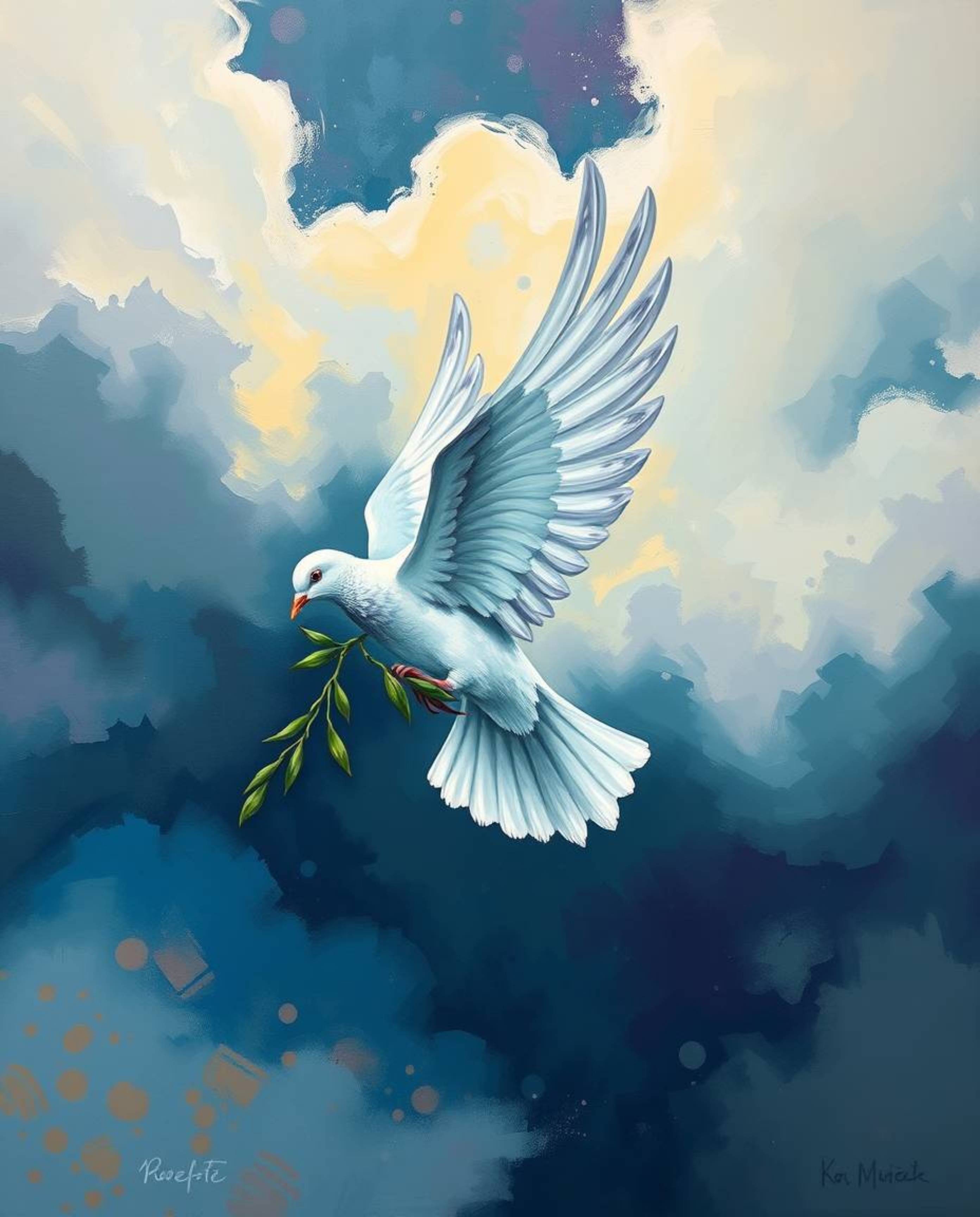 A bold acrylic painting depicts a dove carrying an olive branch through stormy skies, shrouded in thick fog.  The vibrant col