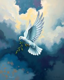 A bold acrylic painting depicts a dove carrying an olive branch through stormy skies, shrouded in thick fog.  The vibrant col