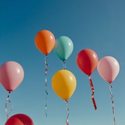 A captivating image showcasing a collection of vibrant, colorful balloons gracefully floating against a serene, soft blue sky