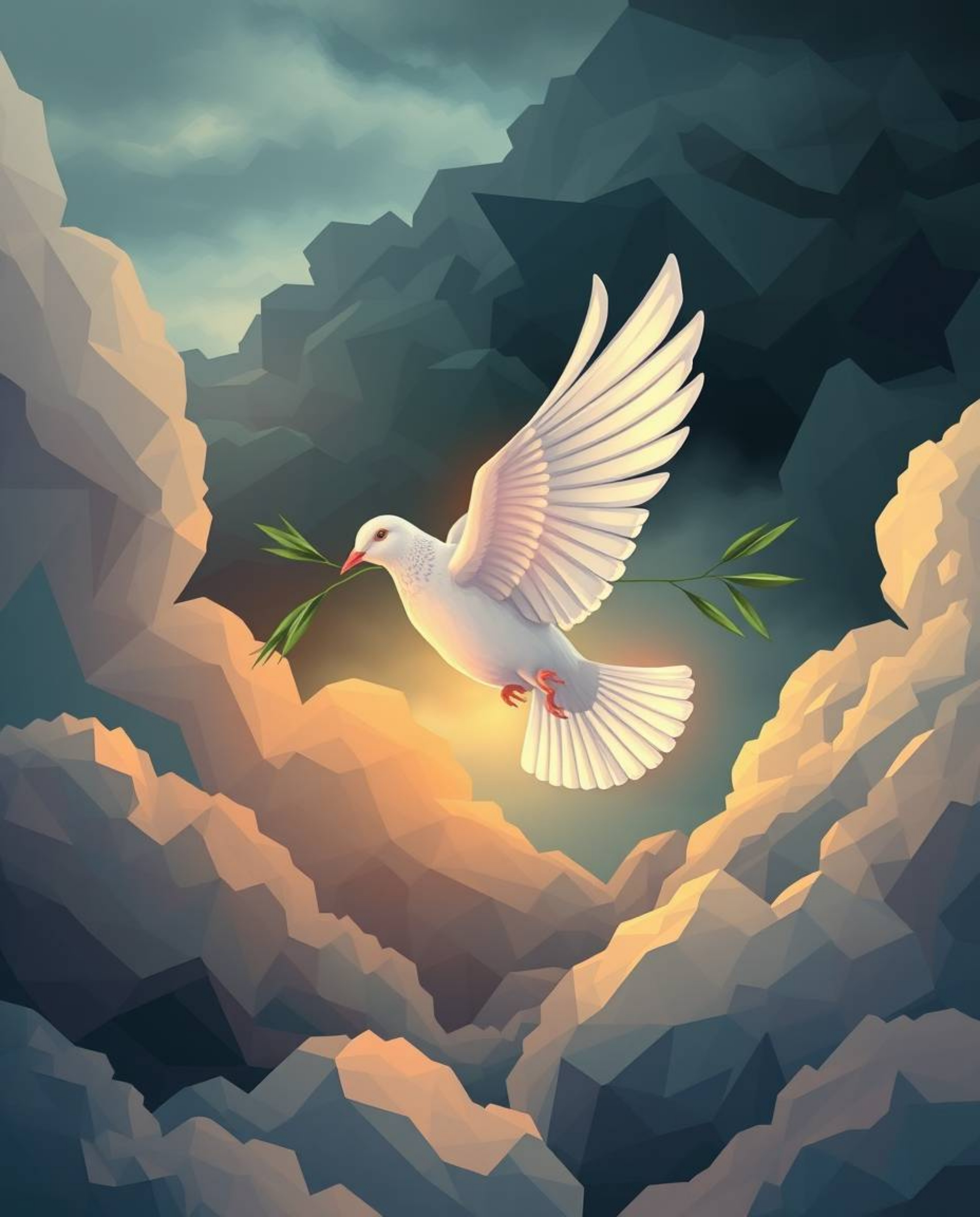 This image portrays a dove carrying an olive branch through turbulent, stormy skies, brought to life with volumetric lighting