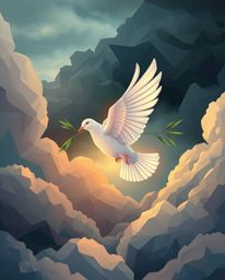 This image portrays a dove carrying an olive branch through turbulent, stormy skies, brought to life with volumetric lighting