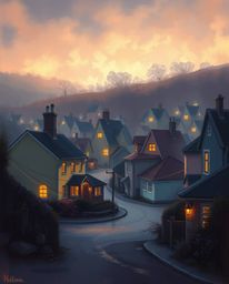 Explore a serene digital painting capturing a sleepy town bathed in pastel hues, reminiscent of a cinematic masterpiece. The 