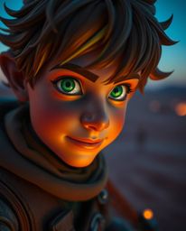 Explore an extreme macro close-up of a courageous Disney-style hero embarking on a desert adventure, where small subject deta