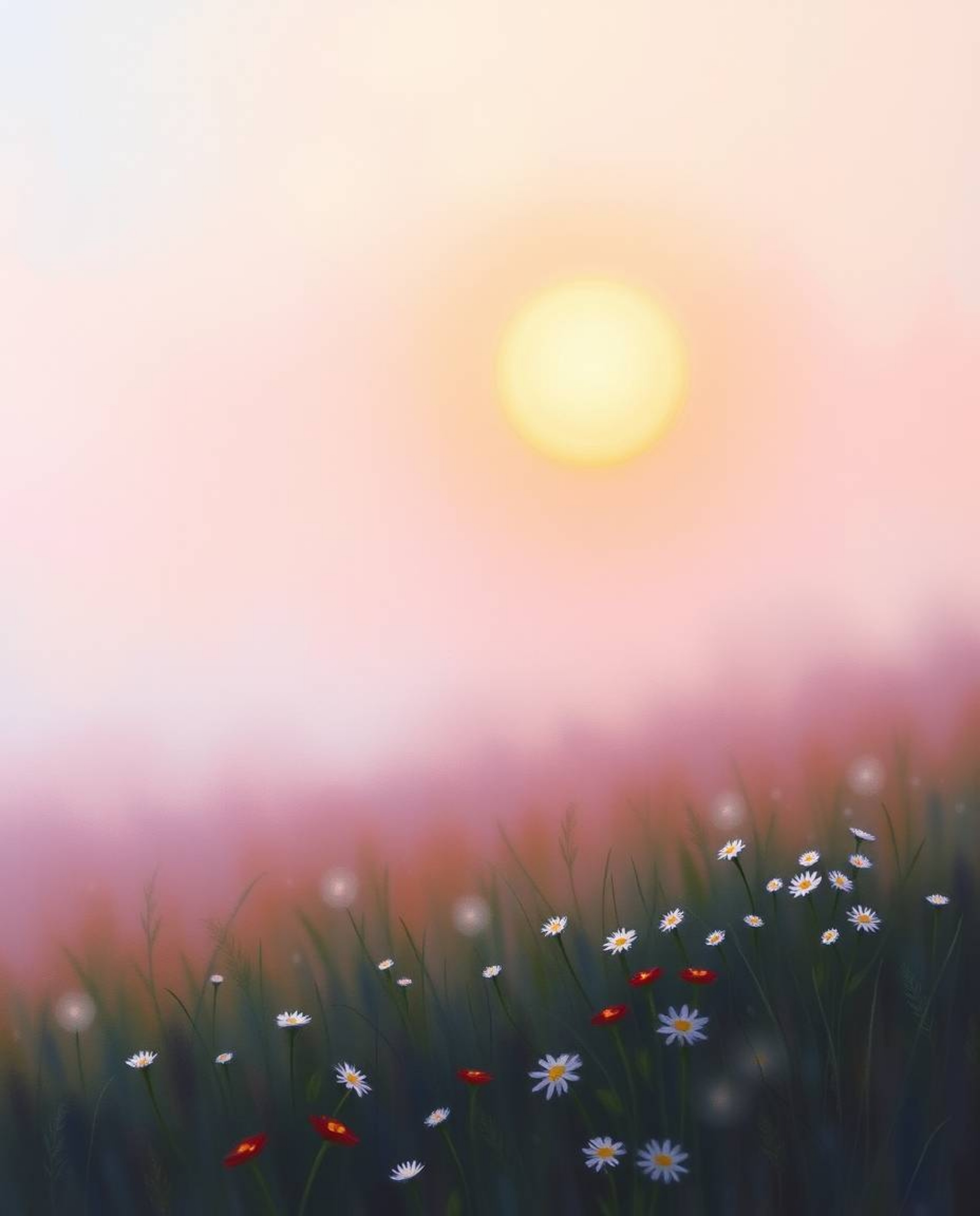 A soft and dreamy painting that beautifully captures a hazy spring sunset over a wildflower meadow. The artwork is characteri