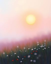 A soft and dreamy painting that beautifully captures a hazy spring sunset over a wildflower meadow. The artwork is characteri
