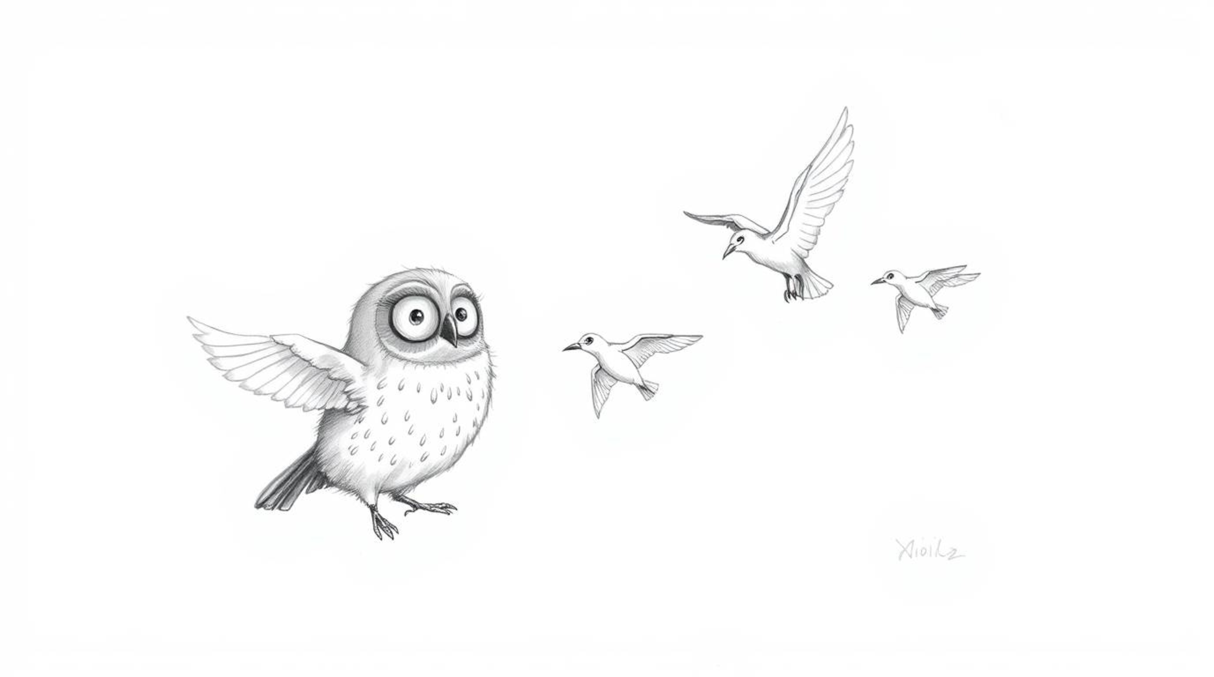 A whimsical hand-drawn pencil sketch in the style of Pixar depicts a wise, blind owl with soft, feathery textures teaching a 