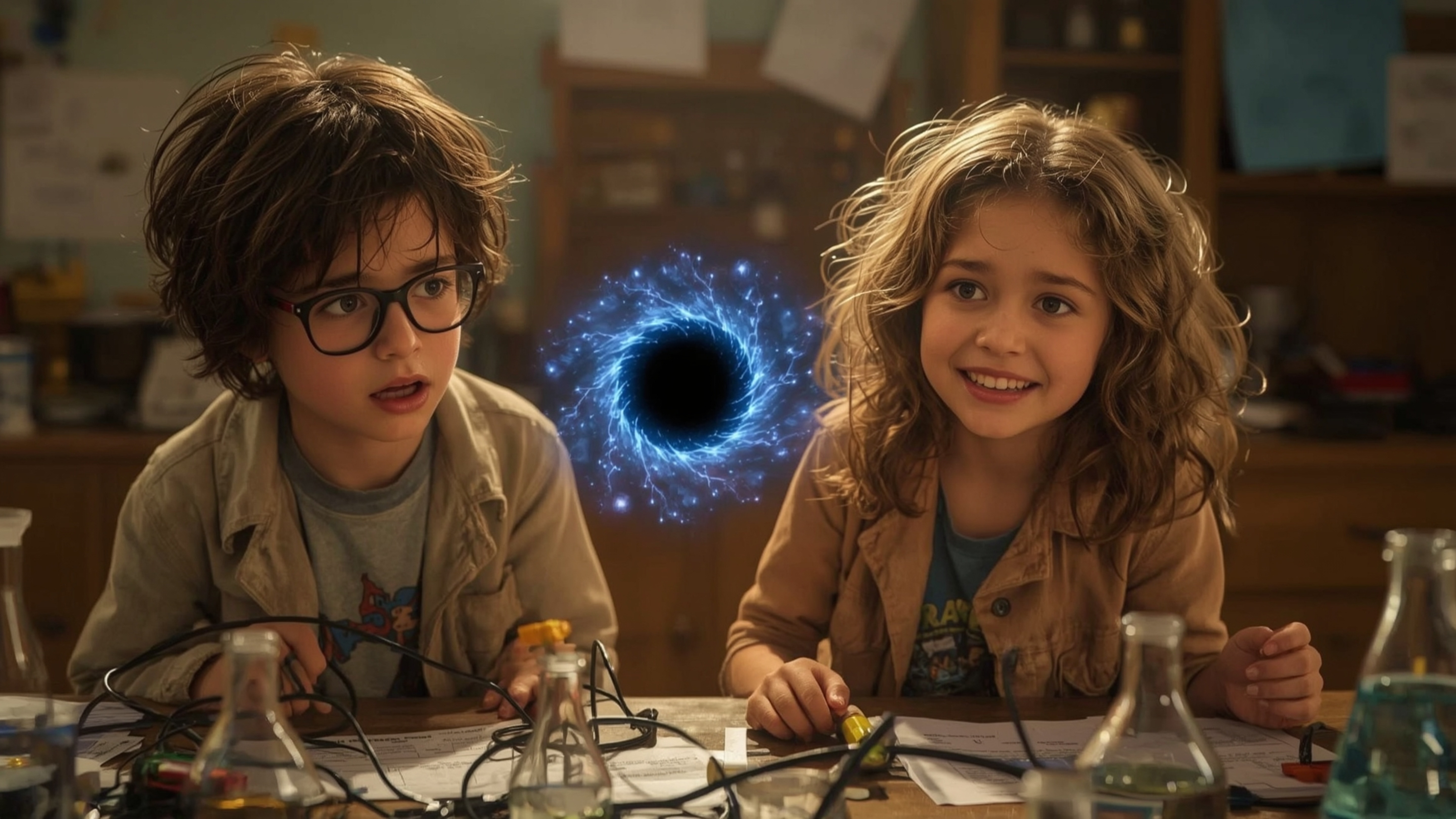 In a vibrant, cinematic photograph styled after Pixar's whimsical and imaginative storytelling, two enthusiastic science fair