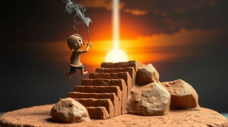 This sculptural clay art piece depicts a lone, adorable figure climbing a stone staircase towards a divine light beam, set ag