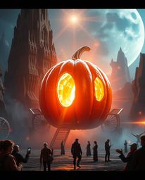 Witness a breathtaking transformation! A magical pumpkin morphs into a stunning, futuristic carriage in this epic scene.  Ren