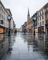 A high-resolution stock photo depicting an empty town square on a rainy day.  The scene features a commercial-quality, wet an