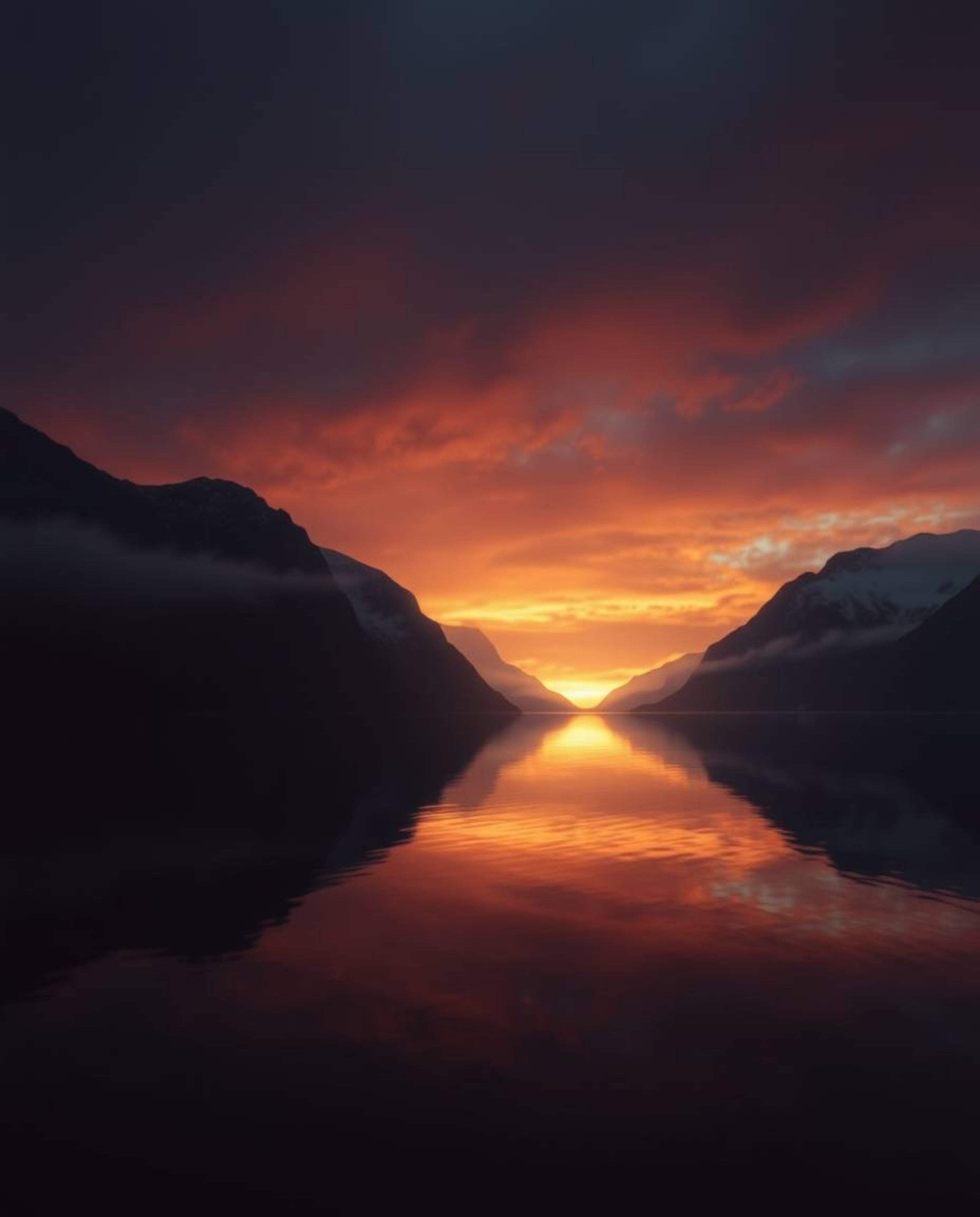 A reflection of a sunset in a glassy fjord is rendered in strong hard light, creating an eerie and creepy atmosphere. The use