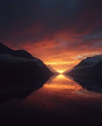 A reflection of a sunset in a glassy fjord is rendered in strong hard light, creating an eerie and creepy atmosphere. The use