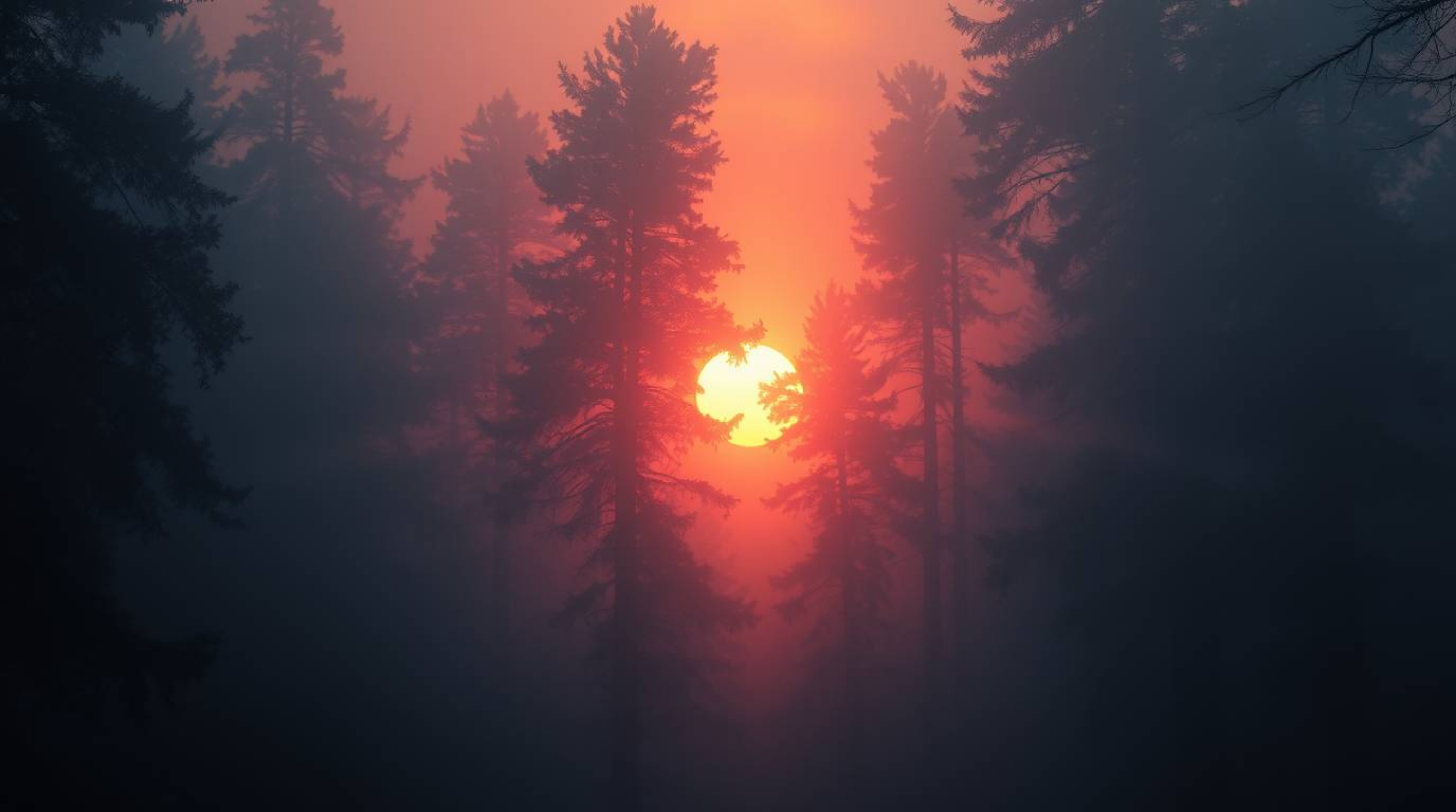 A captivating digital painting depicts ethereal sunset light filtering through a dense, fog-laden forest.  The scene evokes a