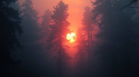 A captivating digital painting depicts ethereal sunset light filtering through a dense, fog-laden forest.  The scene evokes a