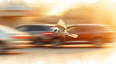 This delicate watercolor painting captures the energy of a fast-running bird blurring past traffic during the warm, golden ho