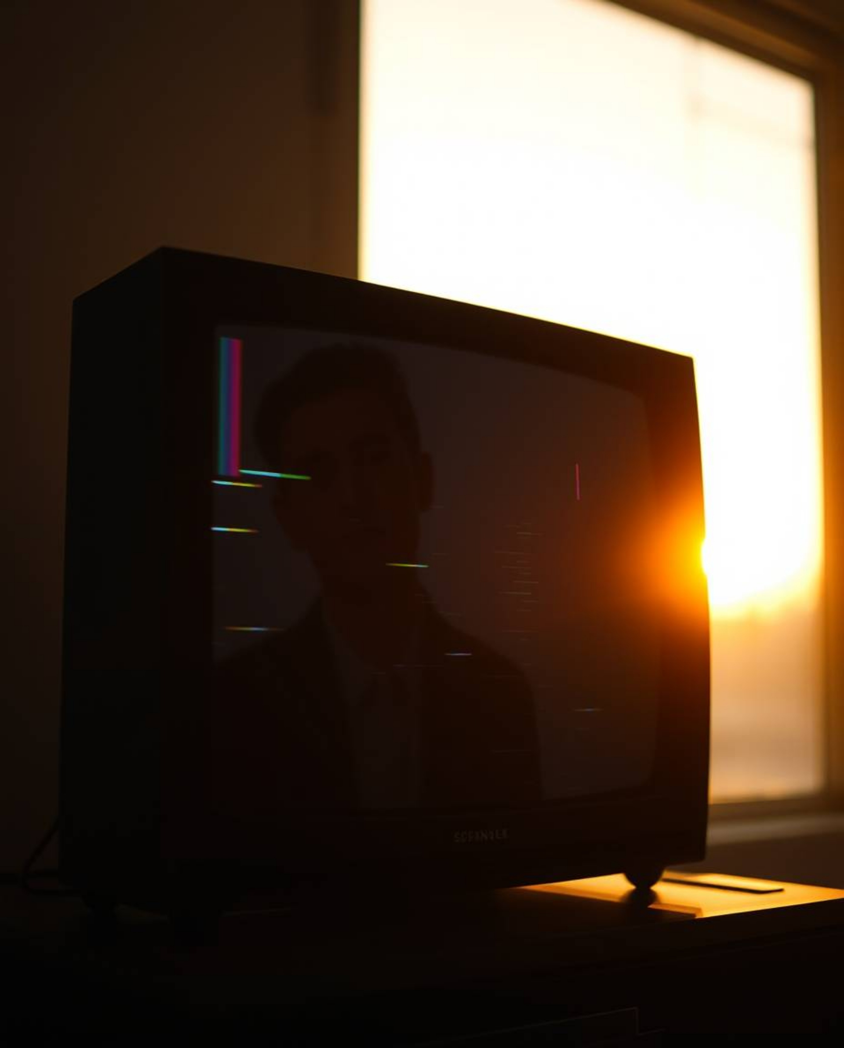 A visually striking image featuring a TV screen with glitch static and retro RGB separation, enhanced by warm golden hour lig