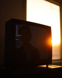 A visually striking image featuring a TV screen with glitch static and retro RGB separation, enhanced by warm golden hour lig