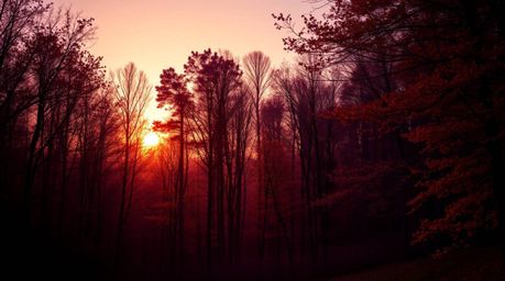 A professional photograph showcases a breathtaking autumn forest scene.  Golden leaves are dramatically illuminated by the wa