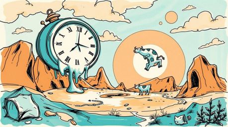Explore a hand-drawn sketchnote depiction of a surreal dreamscape, featuring melting clocks and floating cows rendered in a c