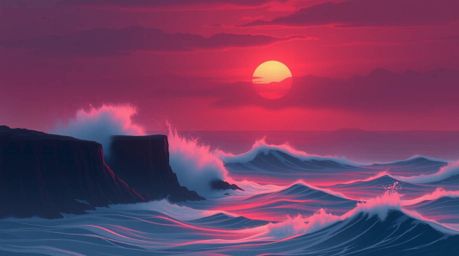 A dreamy, hazy illustration depicting waves crashing against dramatic cliffs at sunset.  The scene is rendered in rich burgun