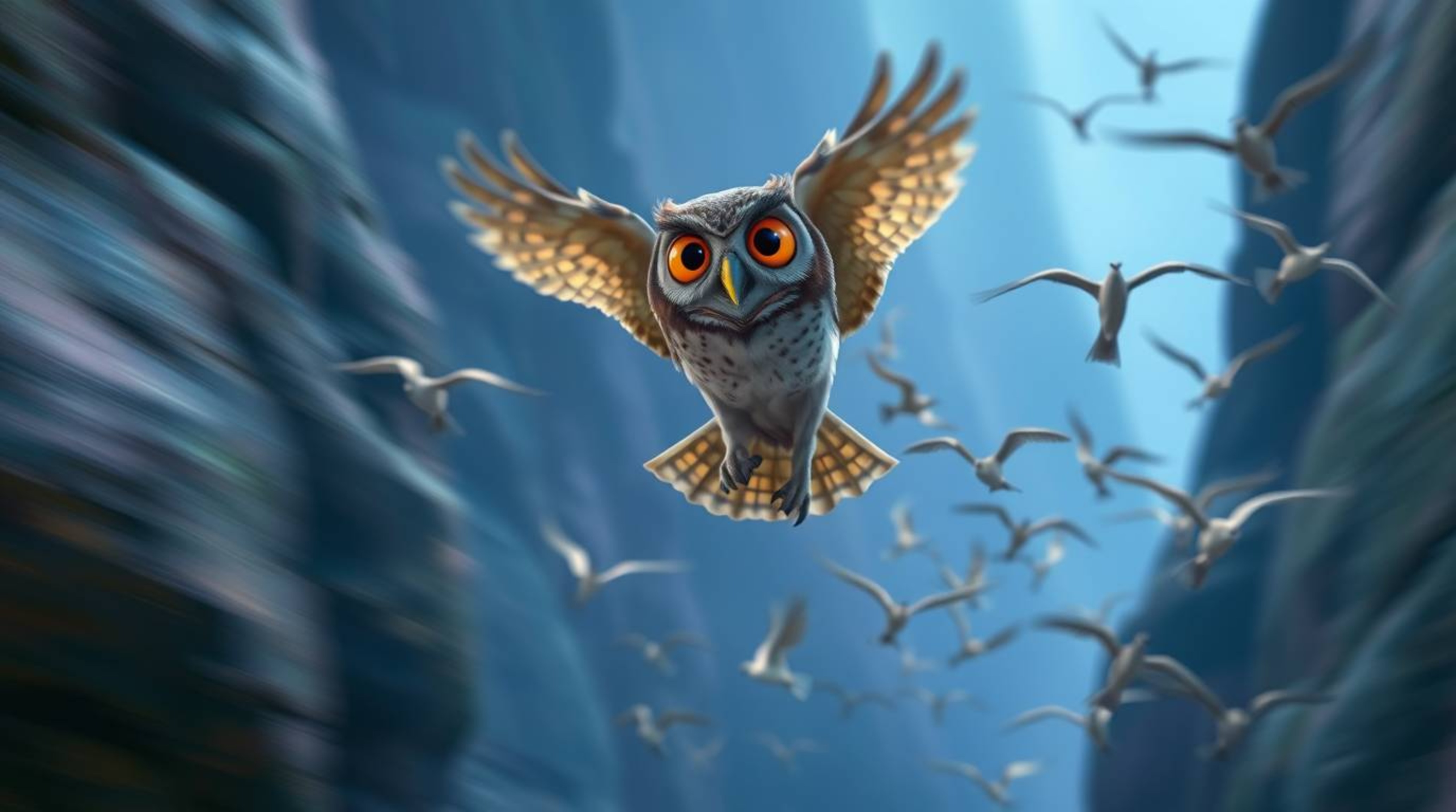 This long exposure photograph, captured in a cinematic style, portrays a Pixar-esque blind owl as it gently guides a flock of