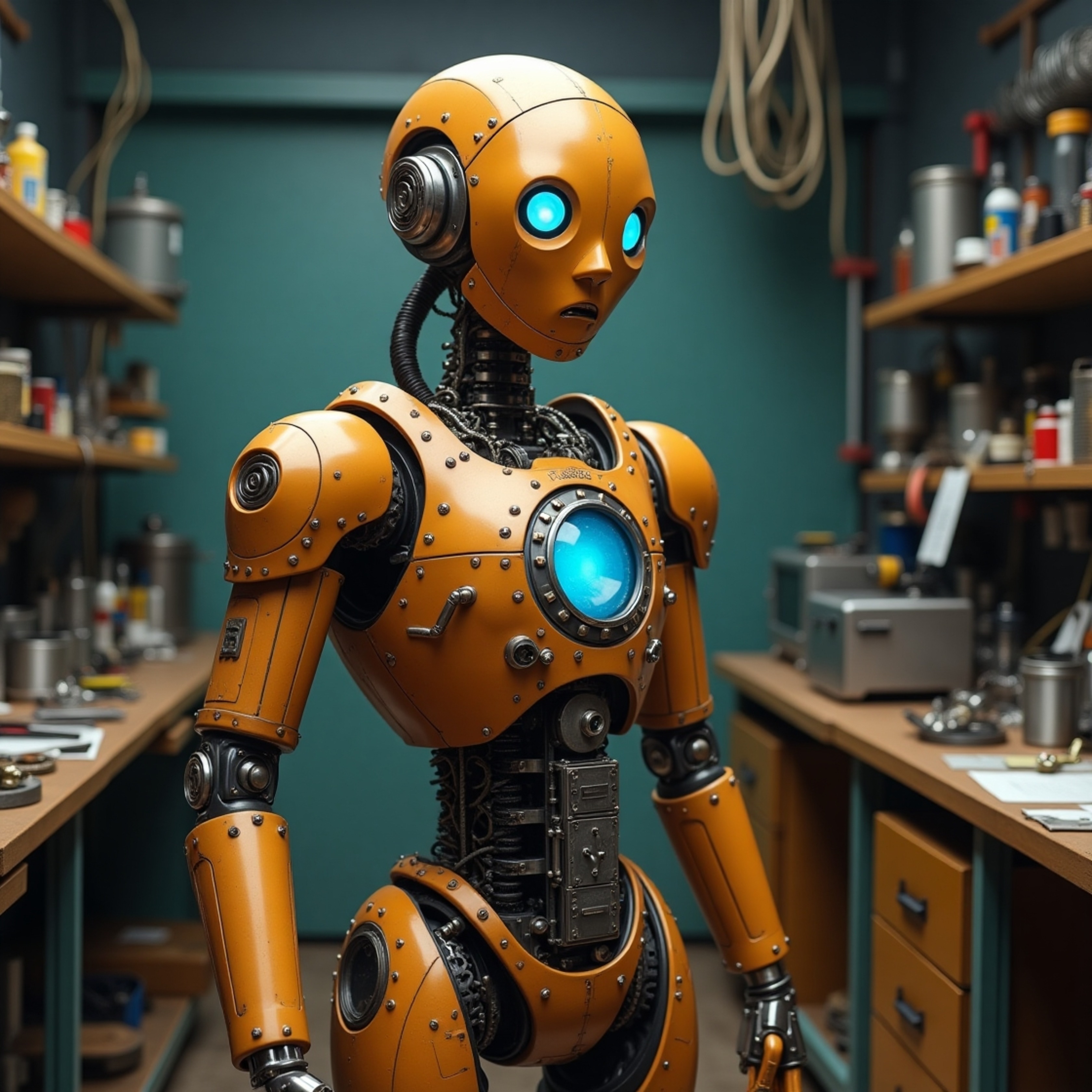 A highly detailed, life-sized robot with a piercing gaze stands in a dimly lit laboratory. Its humanoid face, featuring strik