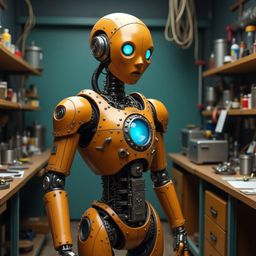 A highly detailed, life-sized robot with a piercing gaze stands in a dimly lit laboratory. Its humanoid face, featuring strik