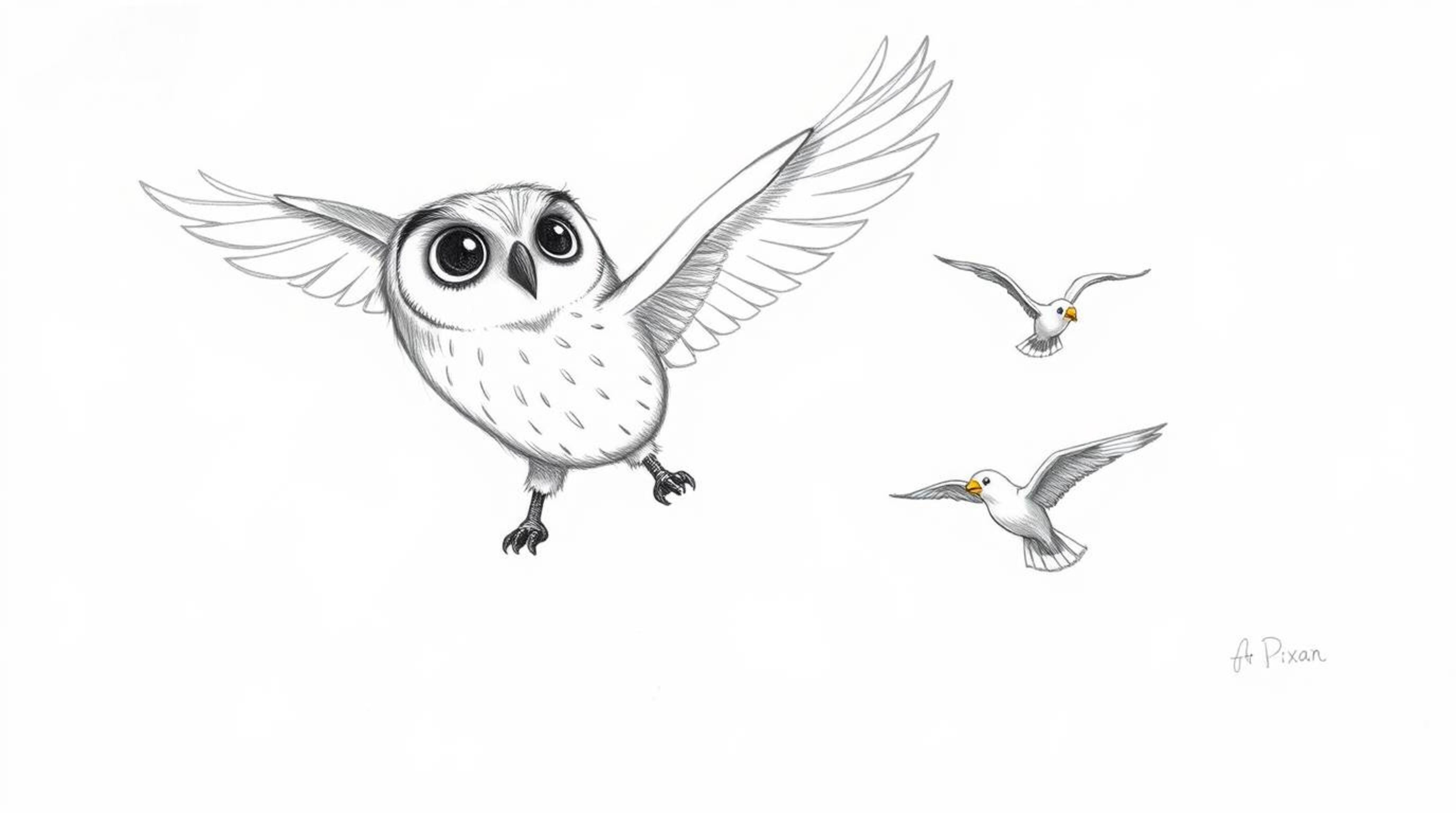 A hand-drawn sketch in the style of Pixar portrays a blind owl teaching birds to fly. The owl, rendered with soft, textured p