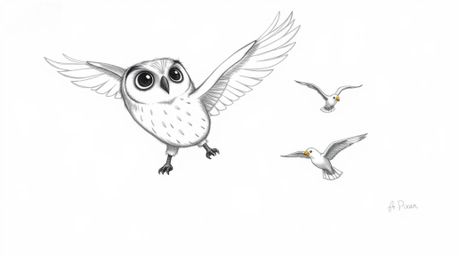A hand-drawn sketch in the style of Pixar portrays a blind owl teaching birds to fly. The owl, rendered with soft, textured p