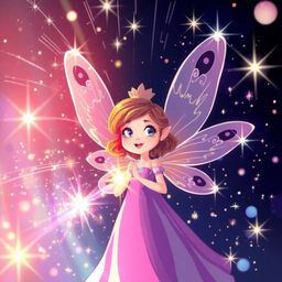This vibrant illustration depicts a fairy godmother materializing in a captivating swirl of sparkles, accented by striking li