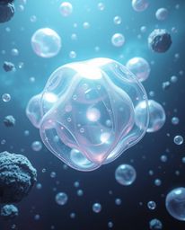 This artwork presents a futuristic sci-fi 3D render featuring translucent, fluid organic blobs gracefully floating amidst cos