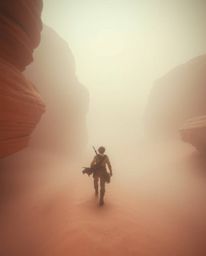 Explore a surreal desert adventure bathed in soft, dreamy infrared tones. A brave, Disney-style hero navigates this otherworl