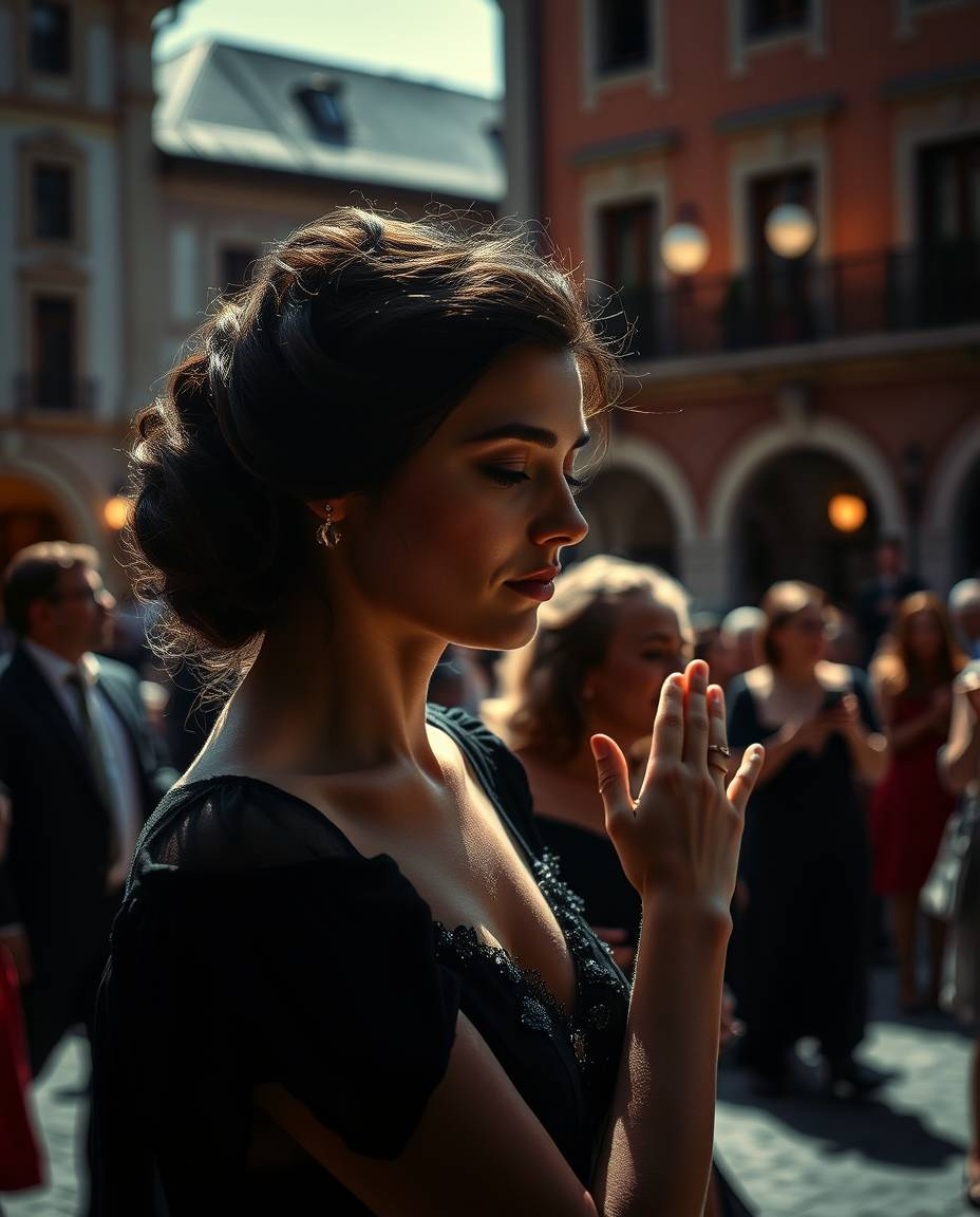 A vibrant musical number unfolds in a sunny town square, meticulously captured with high contrast, low-key lighting technique