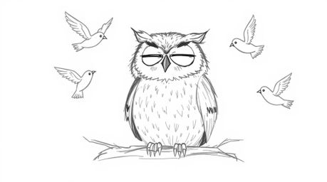 A charming hand-drawn sketch in the style of Pixar depicts a wise, blind owl with soft pencil strokes and rough lines peacefu