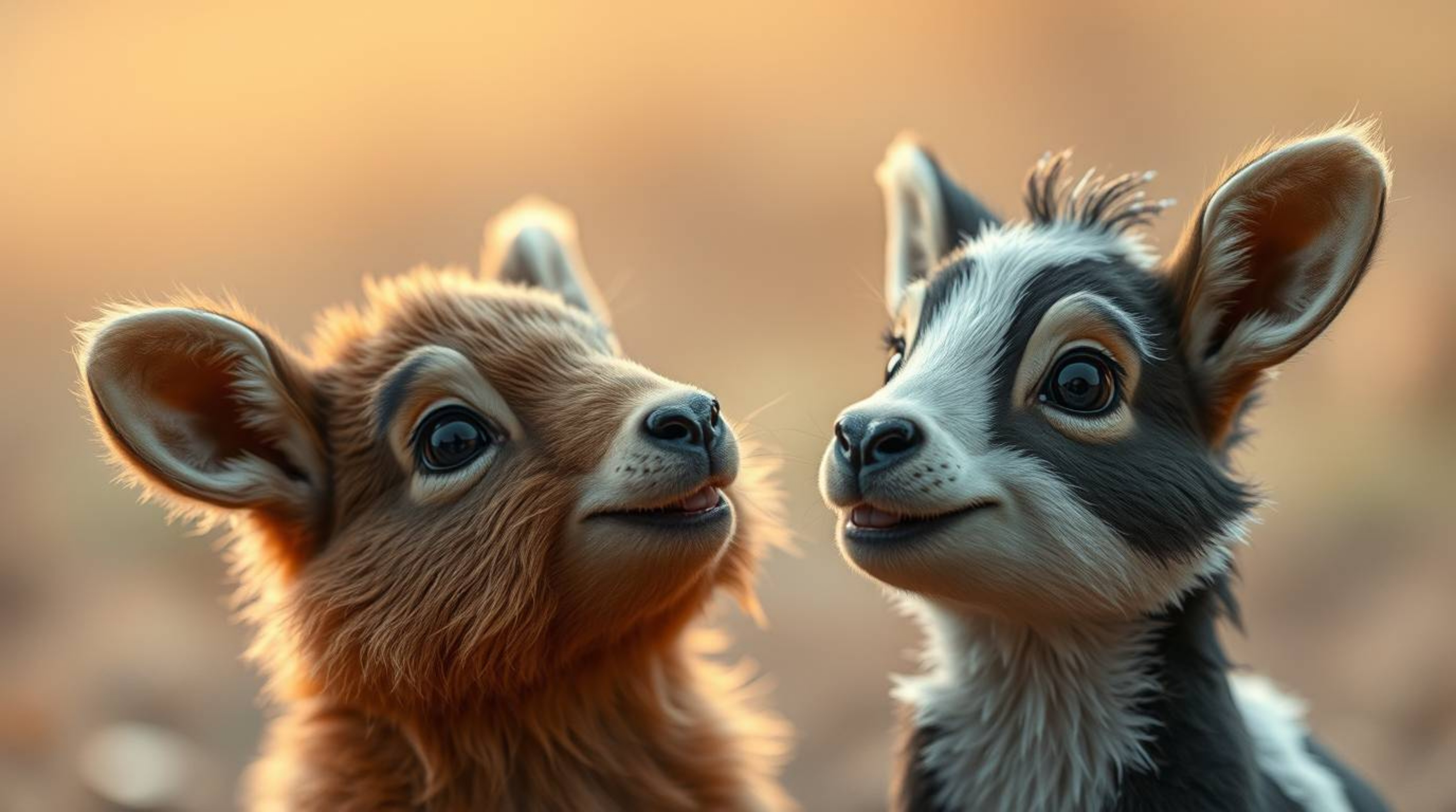 A captivating photograph showcases two charming talking animals engaging in playful mischief.  The image is bathed in a soft,