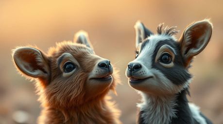 A captivating photograph showcases two charming talking animals engaging in playful mischief.  The image is bathed in a soft,