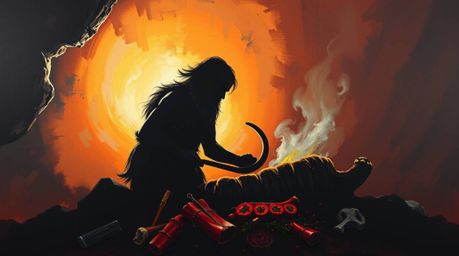 Experience a bold acrylic painting featuring a silhouetted caveman cooking mammoth meat, bathed in dramatic backlighting. The