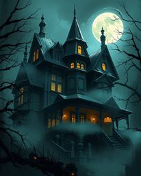 A dynamic and rough digital sketch showcasing a fog-covered Victorian mansion under the moonlight, realized with painterly st