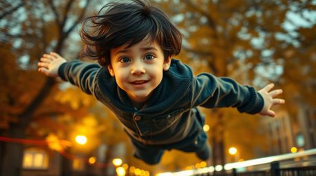 A captivating long exposure photograph showcases a young boy with dark hair, seemingly flying with pixie dust above a picture