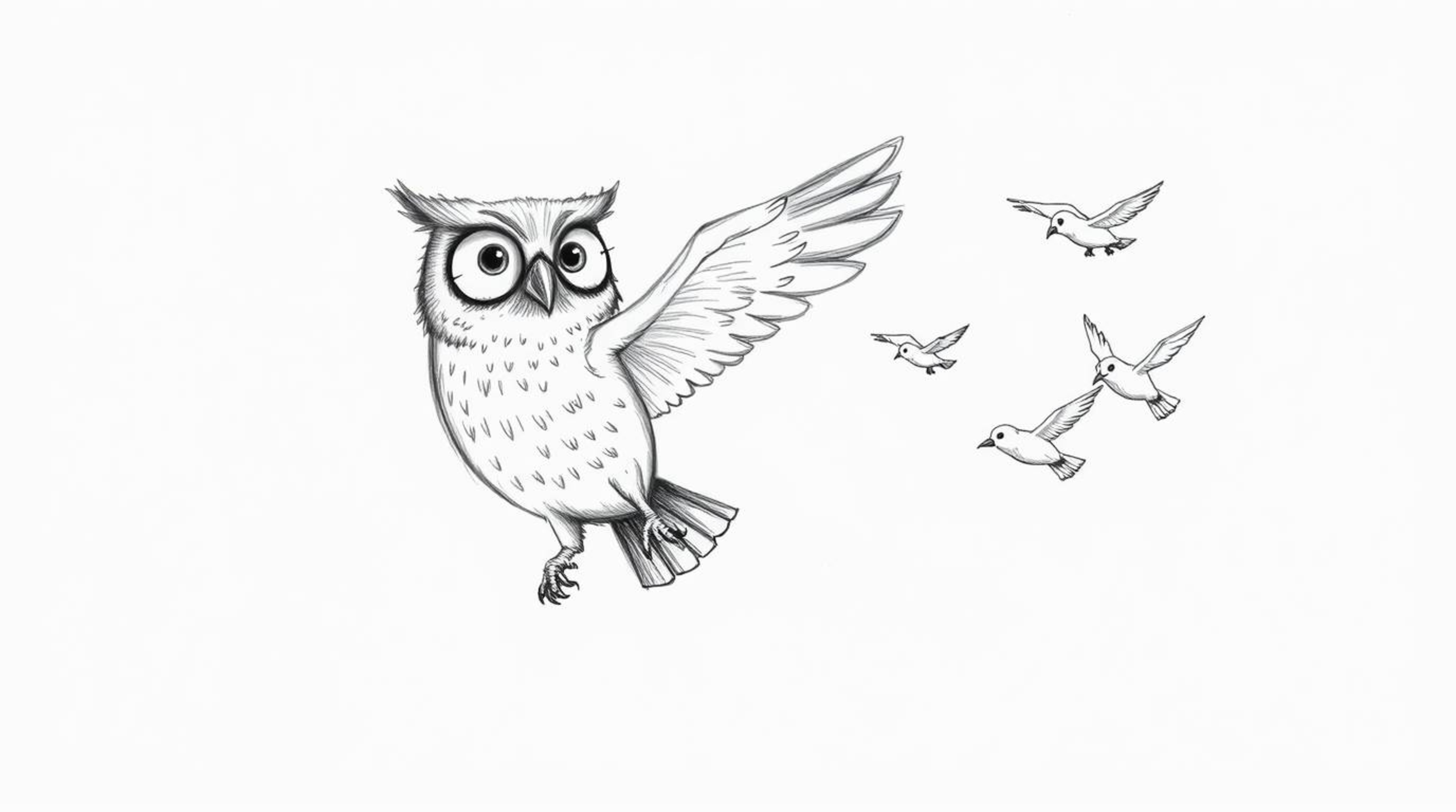 A hand-drawn sketch depicts a blind owl with textured pencil strokes and rough lines, guiding a flock of small birds in fligh