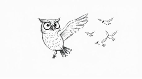 A hand-drawn sketch depicts a blind owl with textured pencil strokes and rough lines, guiding a flock of small birds in fligh