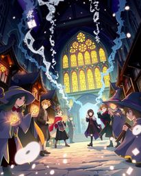 Immerse yourself in a stunning isekai anime illustration showcasing a magical school teeming with young wizards.  Volumetric 