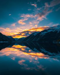 An image of a glassy fjord reflecting a sunset, characterized by intense dramatic lighting and bright, vibrant colors. The hi