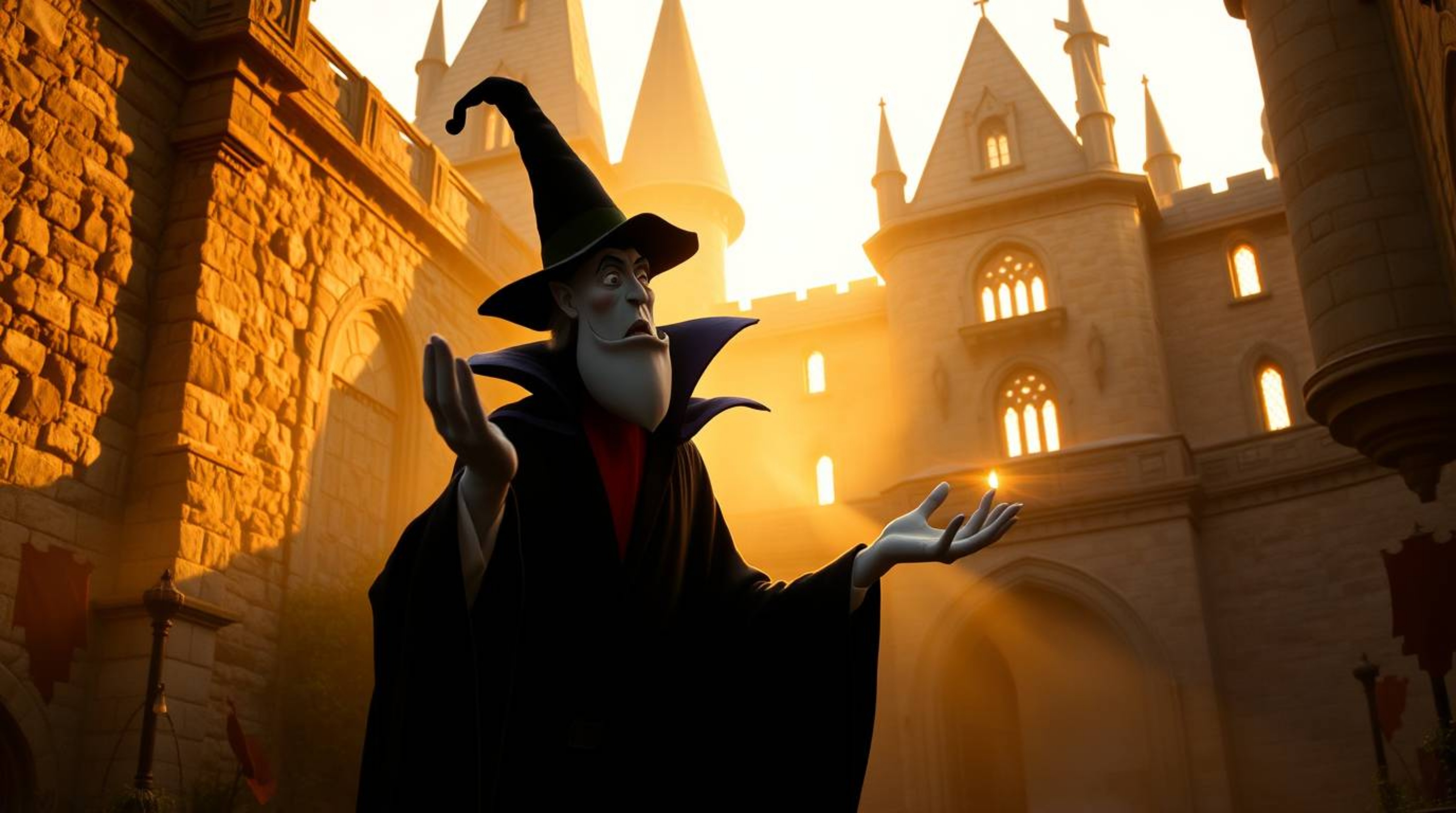 A captivating image of a classic Disney villain casting a spell within an ancient castle, bathed in the warm, soft glow of go