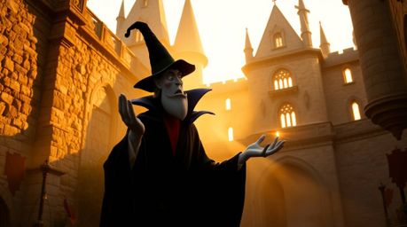 A captivating image of a classic Disney villain casting a spell within an ancient castle, bathed in the warm, soft glow of go