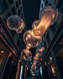 Capturing a unique perspective of the urban landscape, this artwork showcases translucent, fluid organic blobs floating effor