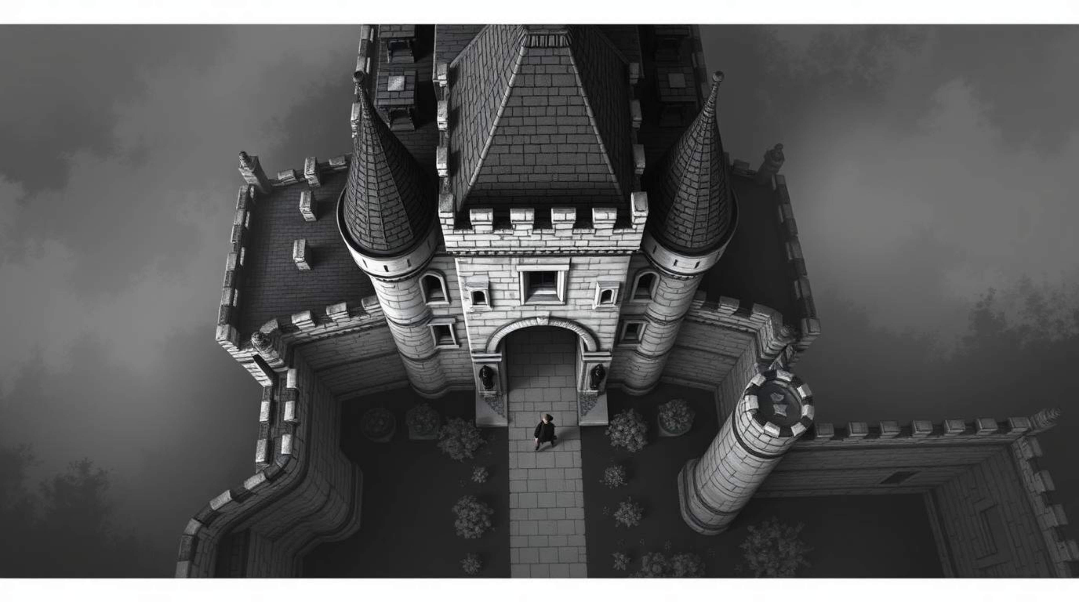 A captivating black and white, bird's-eye view image showcasing a thief subtly infiltrating a heavily guarded castle. The com